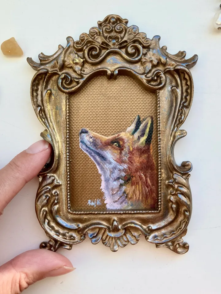 Fox Oil Painting Original In Vintage Style Frame Small Framed Animals Wildlife Art