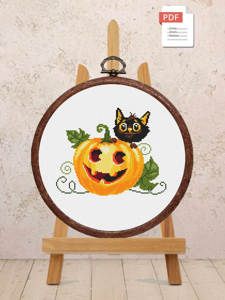 Happy Halloween Cross Stitch Pattern, Halloween Cat Cross Stitch Pattern, Pumpkin Cross Stitch Pattern, Cat on the Pumpkin #hld003