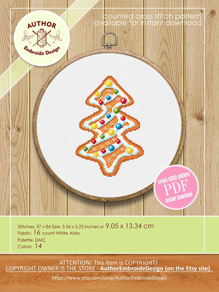 Gingerbread Christmas tree cross stitch pattern PDF Christmas gingerbread cross stitch chart, Small Christmas pattern download PDF #N89