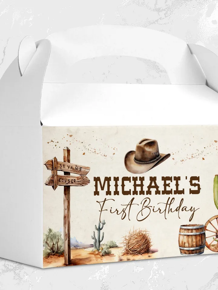 Editable Gable box Label First Rodeo Birthday party label; Wild West Cowboy Party; Our Little Cowboy is One Party Birthday ; fr12