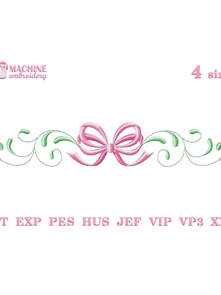 Bow embroidery design Machine embroidery pattern 4 size Scroll border embroidery, Pretty bow satin with flourish embroidery for girl #R41