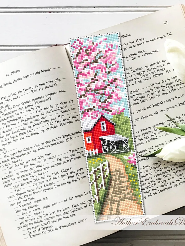 Spring bookmark cross stitch pattern PDF download Cherry blossom tree cross stitch chart, Nature bookmark pattern digital PDF Red barn #B469