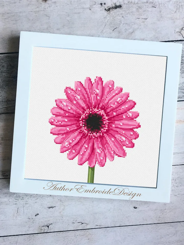 Gerbera daisy cross stitch pattern PDF download Pink flower cross stitch chart, Flower pattern digital PDF Mothers day gift, Home decor #P42