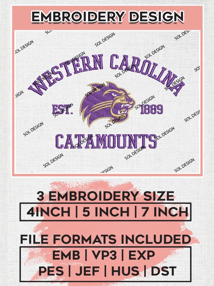 Western Carolina Catamounts Est 1889 Embroidery Designs, NCAA Western Carolina Catamounts Team Embroidery, NCAA Team Logo, 3 sizes, Machine embroidery Files, Digital Download