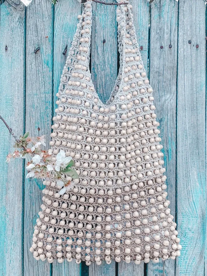 Crochet cotton bag with beads, net avoska bag, market vegan bag, tote beige bag, eco friendly bag, macrame tote, zero waist