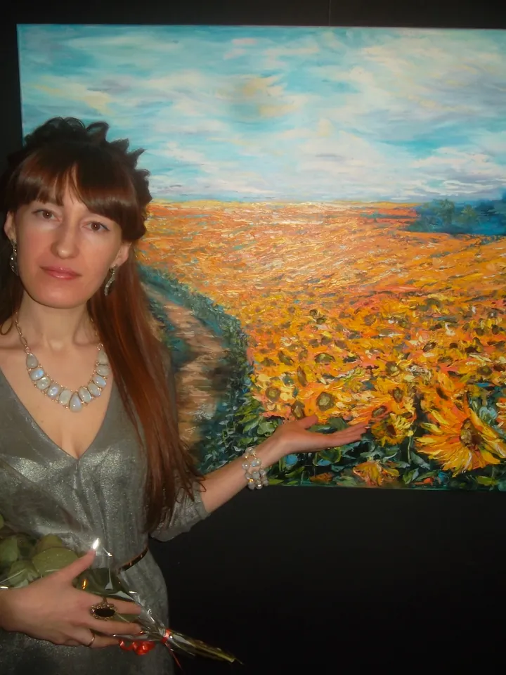 Sunflowers Field Impasto Art Original Oil Painting Large Canvas 32/40 Artist Svinar Oksana