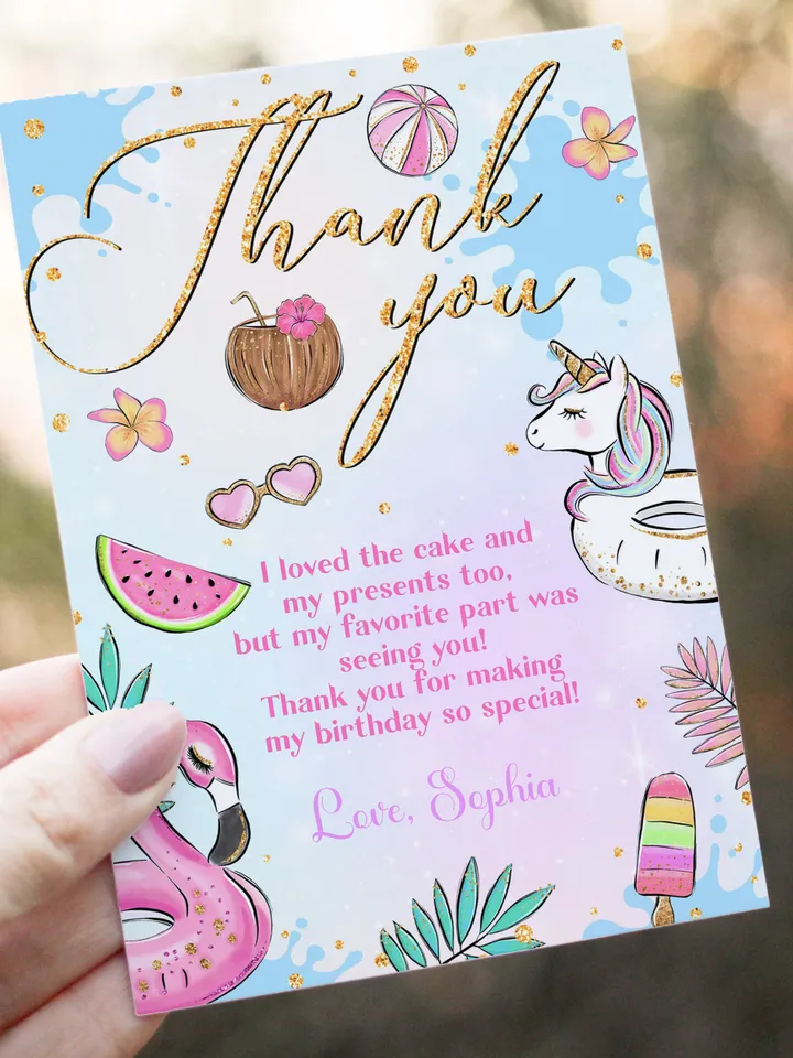 Pool Party Thank you Card , Pool Party Unicorn Thank you Card Instant Download, Swimming Note Card, Editable Template