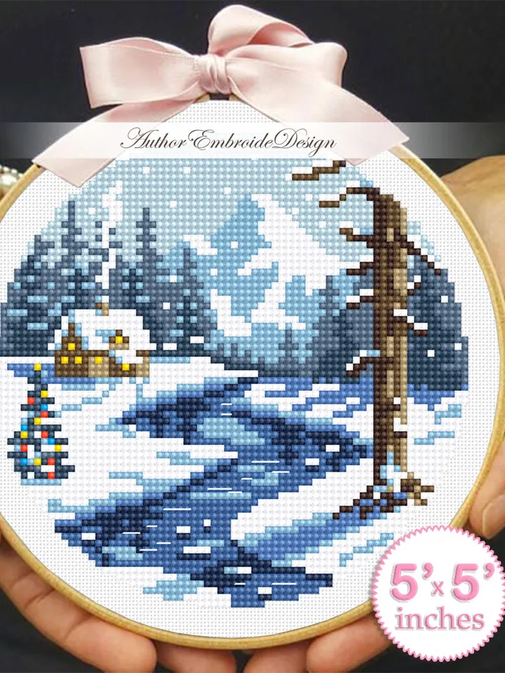 Winter landscape cross stitch pattern PDF download Winter nature cross stitch chart, Christmas pattern digital, Winter house in forest #N168