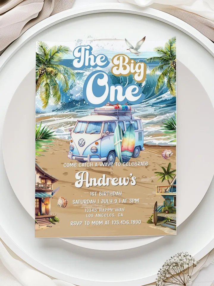 The Big One Surfing Invitation, Retro Boy Surf Surfboard, Editable Beach Pool Party Invite, Summer 1st Birthday, Printable Canva Template