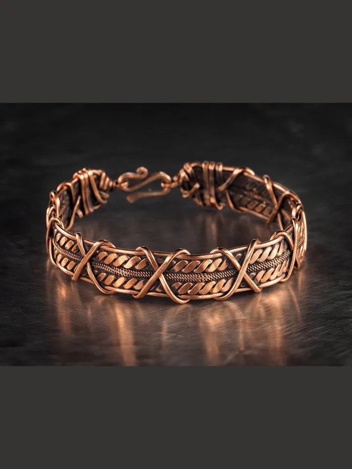 Wire wrapped bracelet, Unique 7th 22nd Anniversary gift idea, Art Nouveau antique style, One of kind braided statement bangle, Handmade oxidized pure copper jewelry, Pain relief, EMF protection