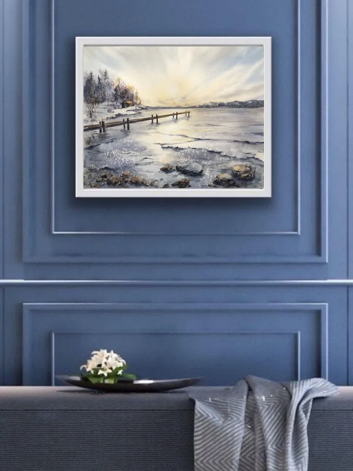 Landscape Original Watercolor Painting Sunset Art Lake Painting