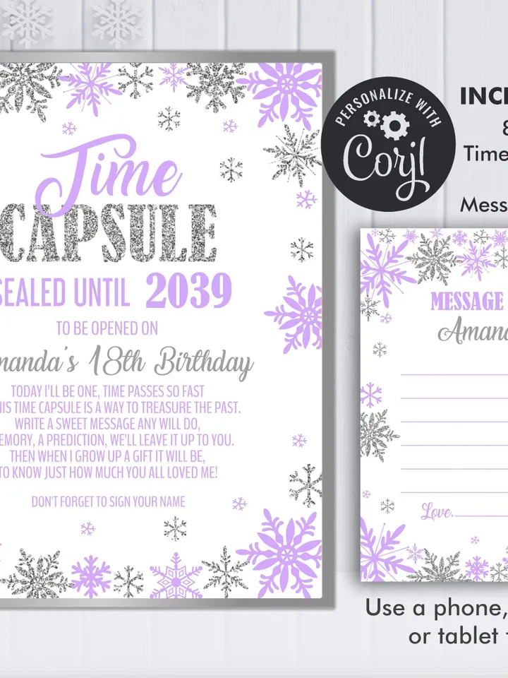 Winter Onederland Time Capsule and Matching Note Card Purple Silver Winter Onederland 1st Birthday Girl Decorations, Editable Template