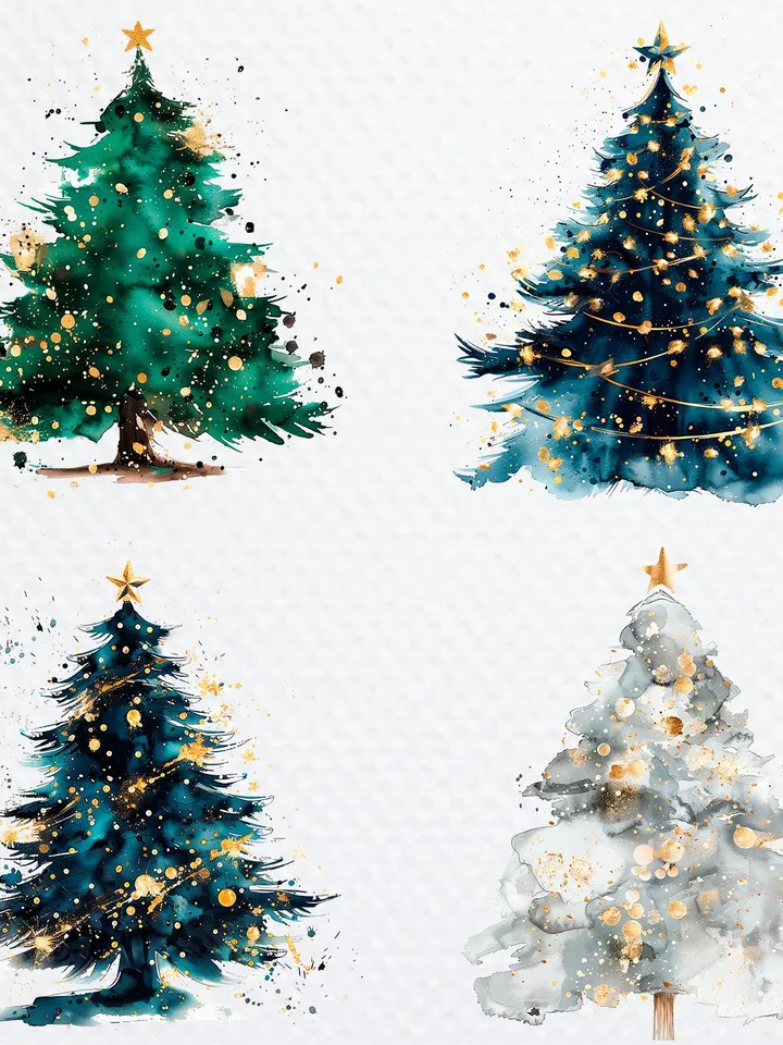 12 Golden Christmas Tree PNG Bundle, Christmas Card, Printable Watercolor clipart for sublimation, Digital download, Winter Paper craft