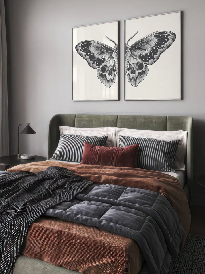 Black Sketch Butterfly Printable Wall Art Set of 2, Butterfly Print Digital Download, Split Butterfly Wings Art Print, Bedroom Wall Art