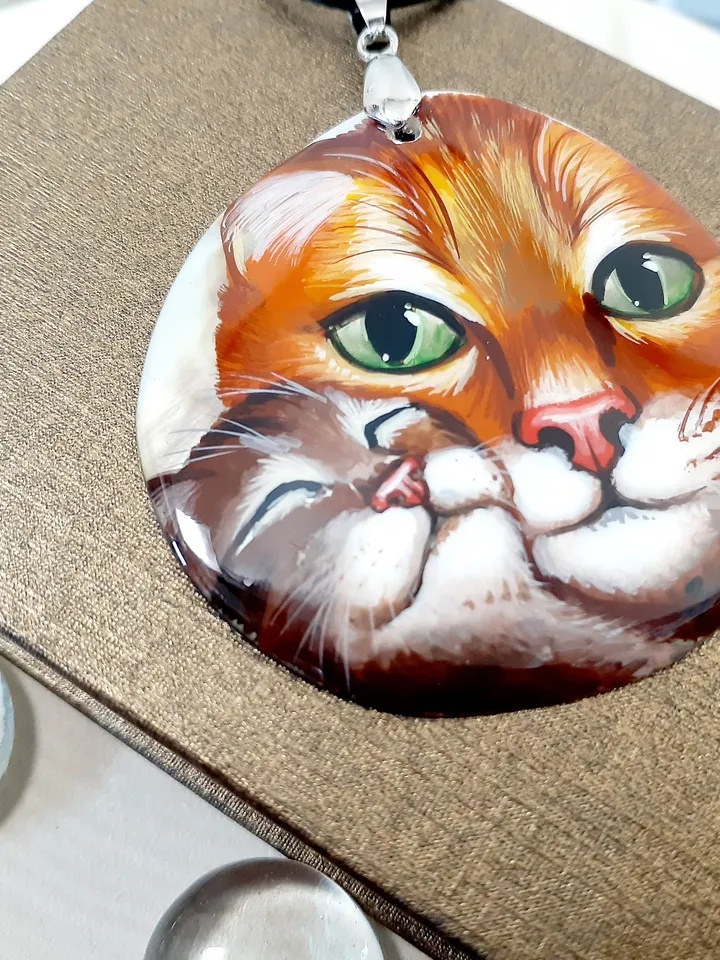 Beautiful Pendant"Cat and kitten" Hand-painted,Russian jewelry,Art gift,Mother-of-pearl hand-painted,Miniature painting, Art Gift