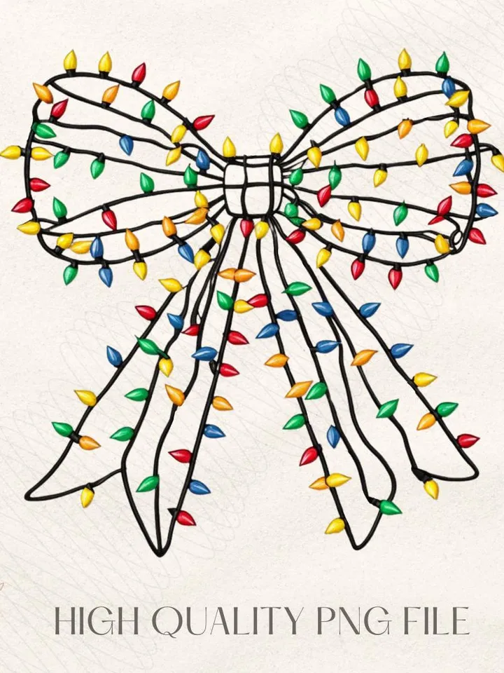 Christmas Light Bow, Christmas Coquette Bow Png Design, Christmas Light Png, Xmas Coquette Bow PNG, Christmas Sublimation Design