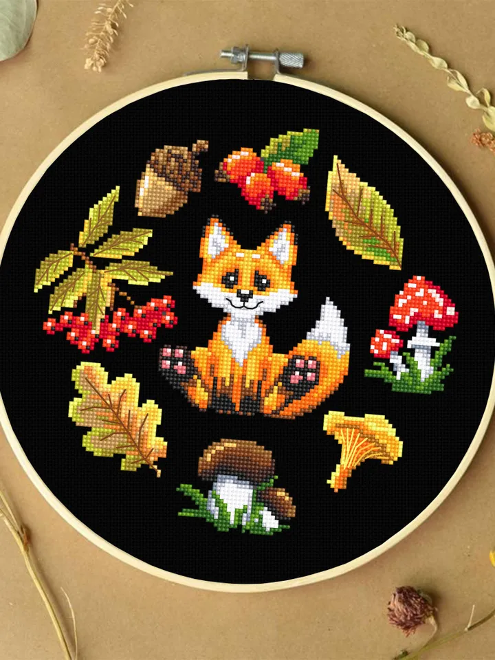 Cross stitch pattern cute little fox DMC chart printable PDF instant download Mushroom cross stitch Autumn embroidery beginners #K8