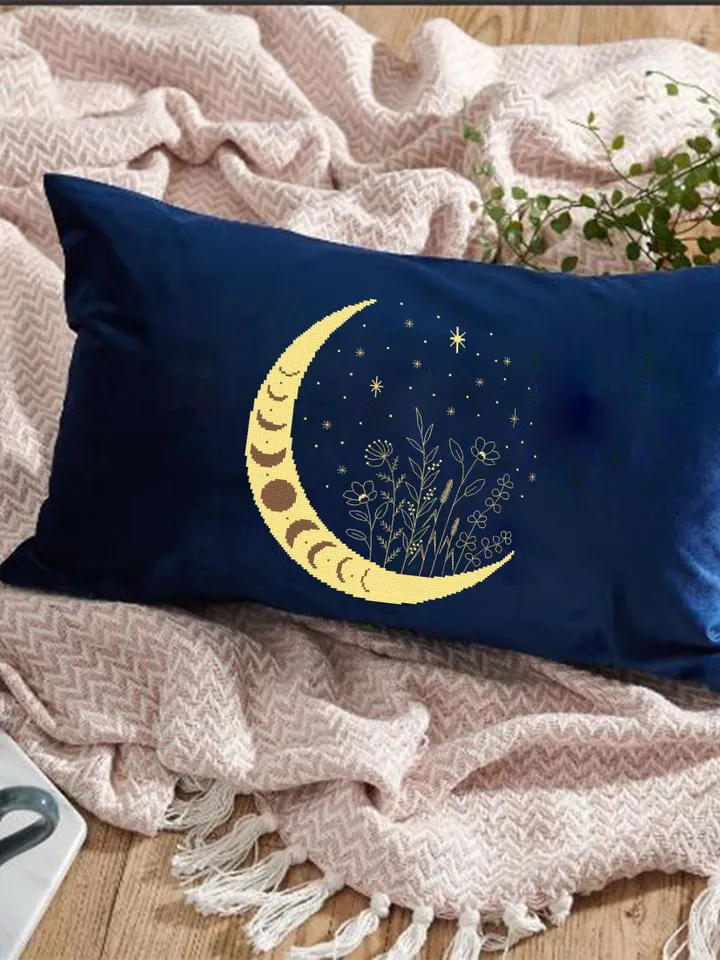 Mystical floral moon cross stitch pattern download PDF Moon phase cross stitch chart, Wildflowers blackwork pattern, Magic starry sky #L60
