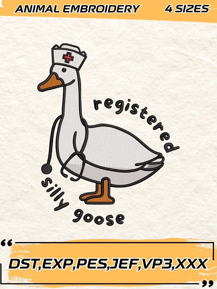 Silly Goose Registered Embroidery Design,Animal Embroidery Design, Silly Goose Design,4 Sizes,Digital Download