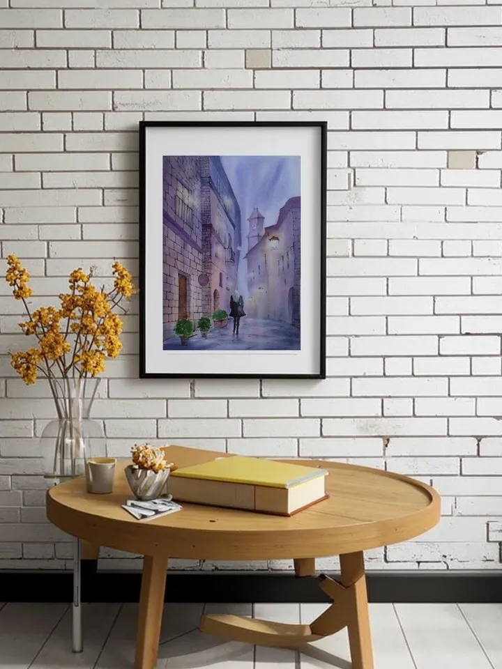 Original Watercolor Painting Urban Landscape Art Rainy Morning Street Artwork 30x40 Old Town Picture by SoftWaves