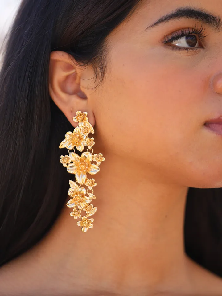 Extra Long Flower Wedding Earrings, Floral Bridal Earrings, Boho Wedding Earrings, Clip-on Bridal Earrings, Chandelier Statement Earrings
