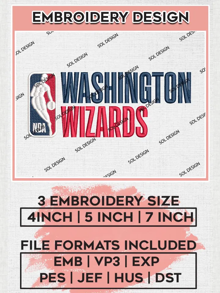Washington Wizards Embroidery Design Files, NBA Embroidery Files, NBA Washington Wizards Machine Embroidery Design, Digital Download