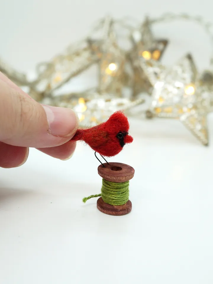 Tiny needle felted cardinal on a bobbin, miniature bird, Christmas gift, made to order