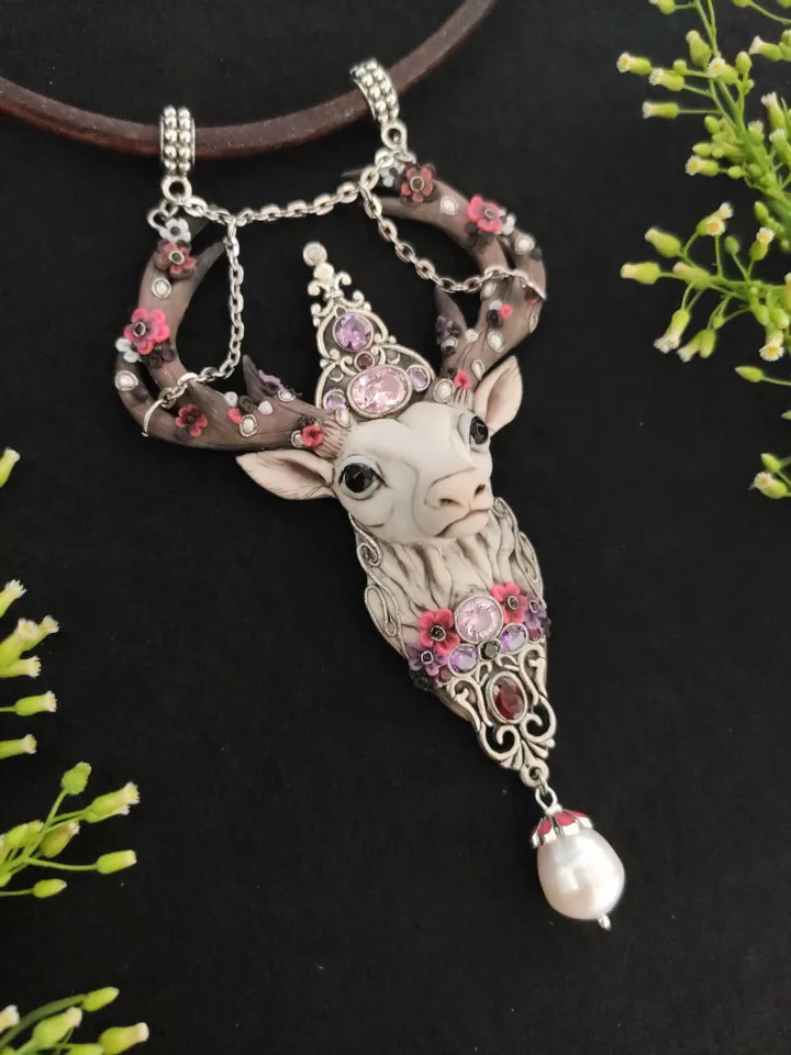 Deer pendant, Deer totem, Pearl pendant, necklace with stones, Ceitic deer amulet