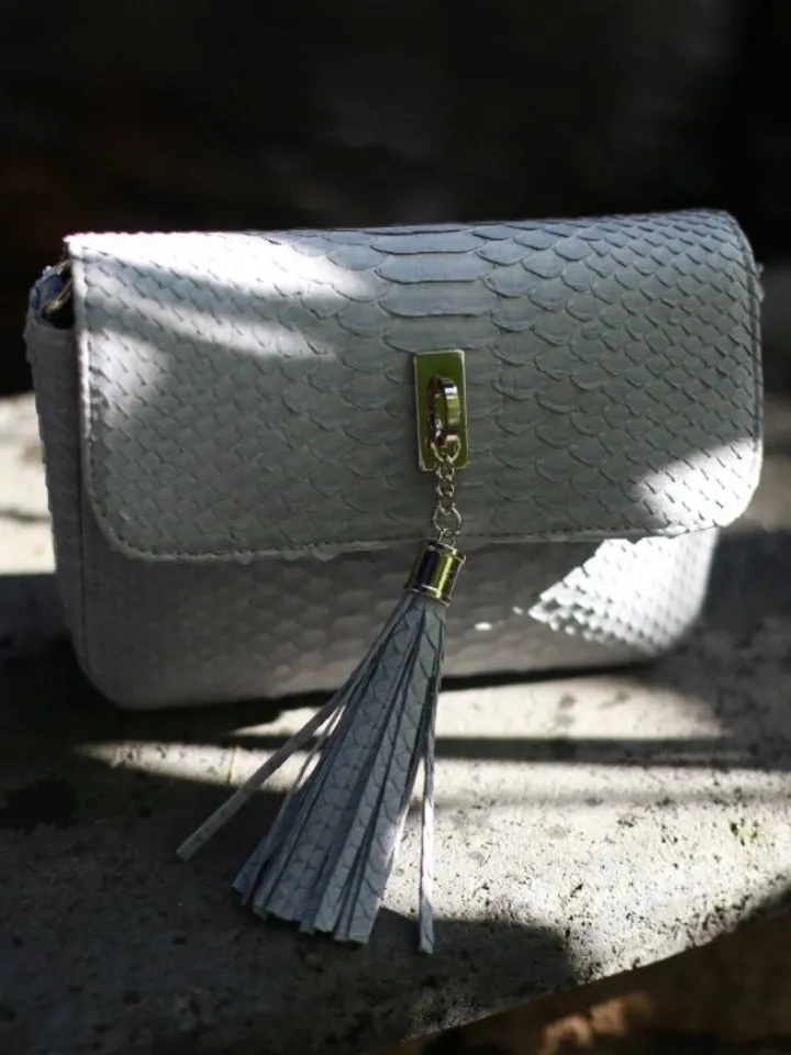 Genuine Python Skin Light Gray Tassel Bag | Leather Crossbody Bag | Clutch Bag | Women Summer Bag | Handmade Bag Grey Detachable Chain Bag