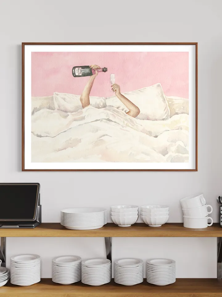 Pink Champagne Bottle Watercolor Illustration Wall Art Print, Feminine Art, Bar Decor, Cocktail Poster, Preppy Bar Cart, Apartment Decor