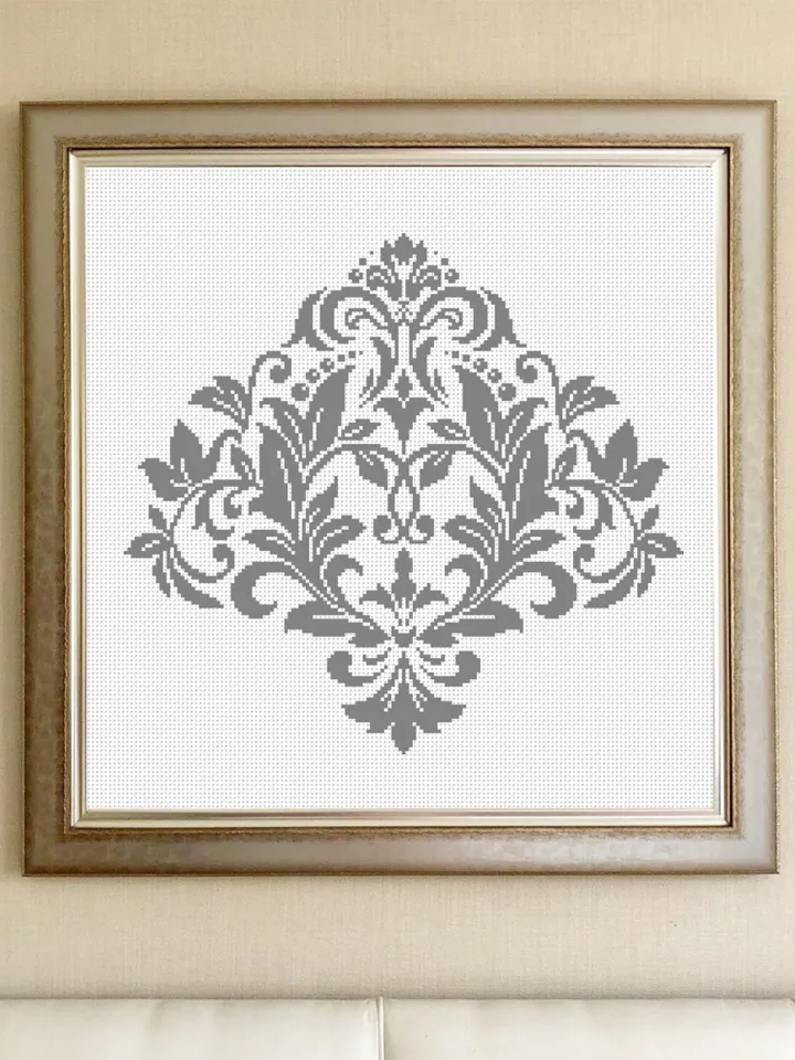 Floral damask ornament cross stitch pattern PDF download Flower mandala cross stitch chart, Damask pattern digital PDF, Floral scroll #M257