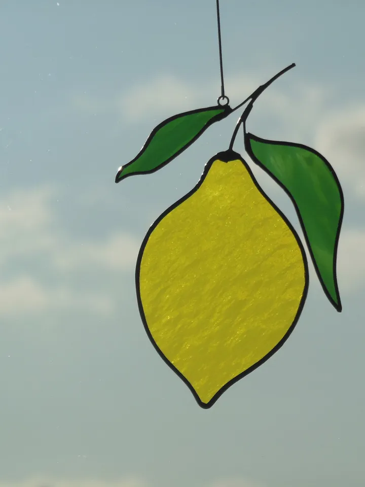 Lemon stained glass window hanging Suncatcher (texture RR) Fruit Kitchen Decor