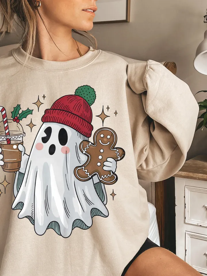 Vintage Christmas Ghost PNG for Retro Coffee Decor & Halloween Fun, Holiday PNG, Boojee Ghost - Spooky Holiday Decor, Christmas Trending Png