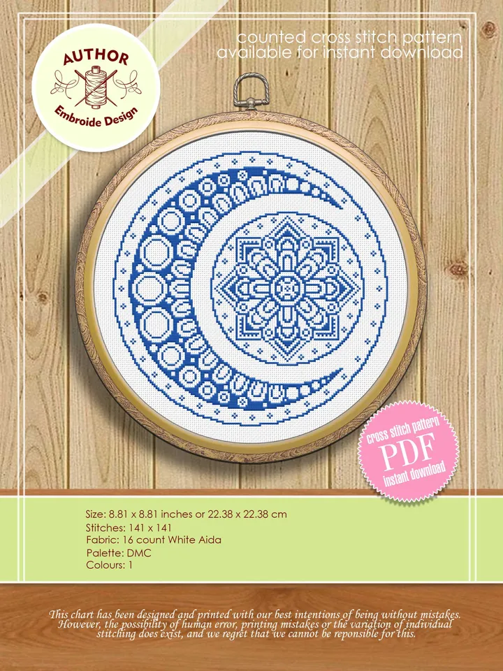 Crescent moon cross stitch pattern download PDF Christmas moon embroidery PDF, Monochrome mandala set cross stitch, Easy beginner stitch #S4