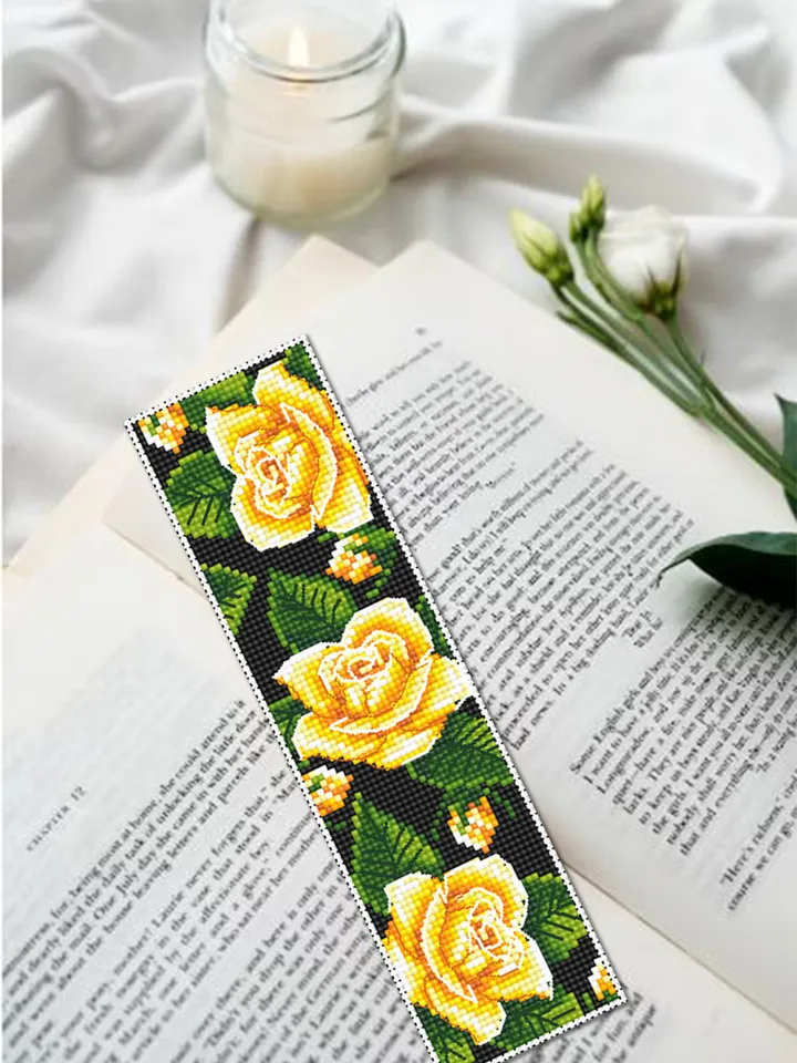 Flower bookmark cross stitch pattern PDF download Yellow rose cross stitch chart, Handmade bookmark digital PDF, Floral cross stitch #B212