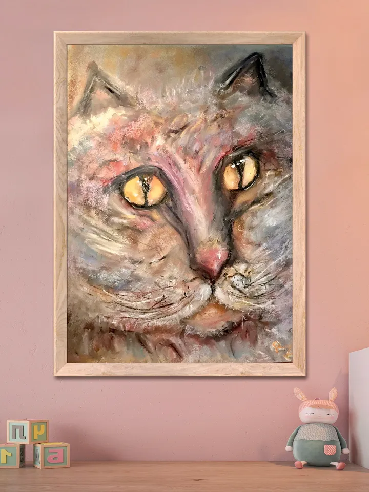 Fluffy cat original soft pastel painting,funny animals wall art,kids room decoration,nursery room painting,pink cat pastel painting,gift.