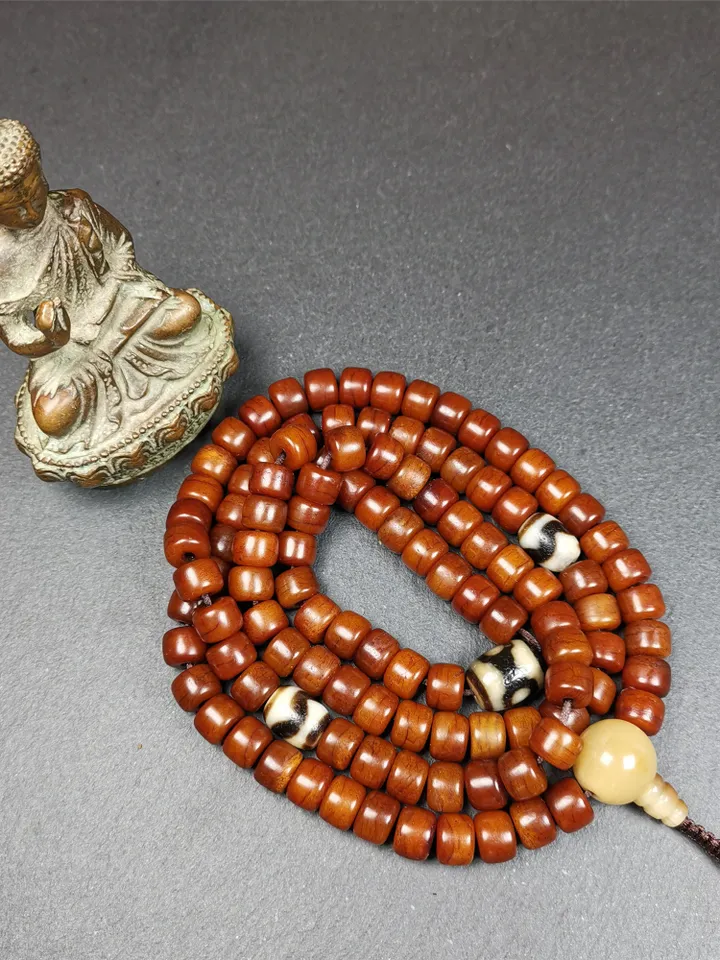 Gandhanra Handmade Tibetan Yak Bone Mala,108 Bone + Dzi Beads,Prayer Bead for Meditation,Tibetan Rosary,Diameter 10mm, Length 84cm