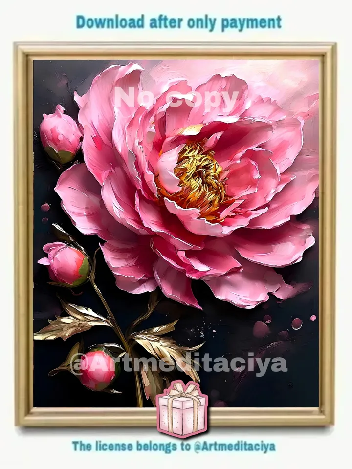 Modern digital painting "Luxury Peony" is an interior painting of a pink peony with buds on a dark contrasting background in the style of oil painting as a gift for getting to know me