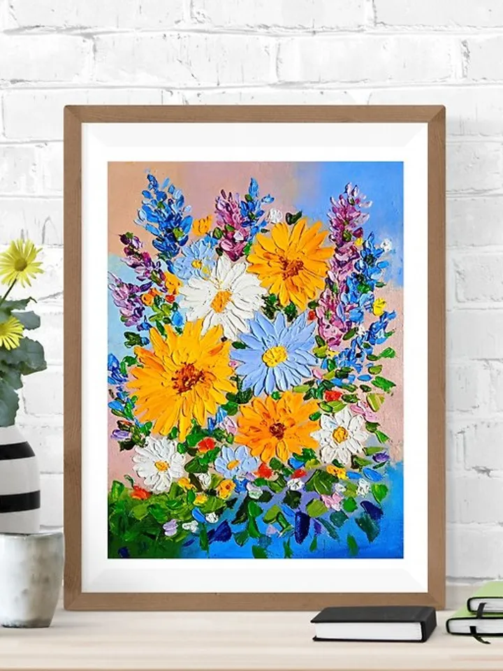 Oil Painting Bright Flowers Chamomile Sunflowers Impasto Art Miniature 18x24 cm