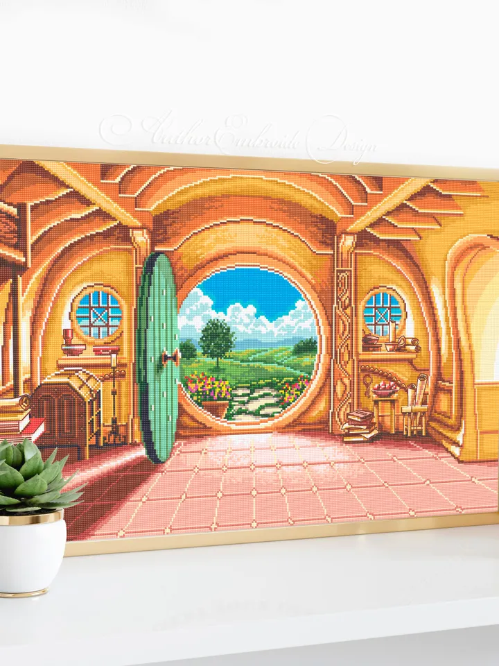 Fairy hobbit house round door cross stitch pattern download PDF Home sweet hole Green door stitch counted Wizarding world cross stitch chart Home decor #L34