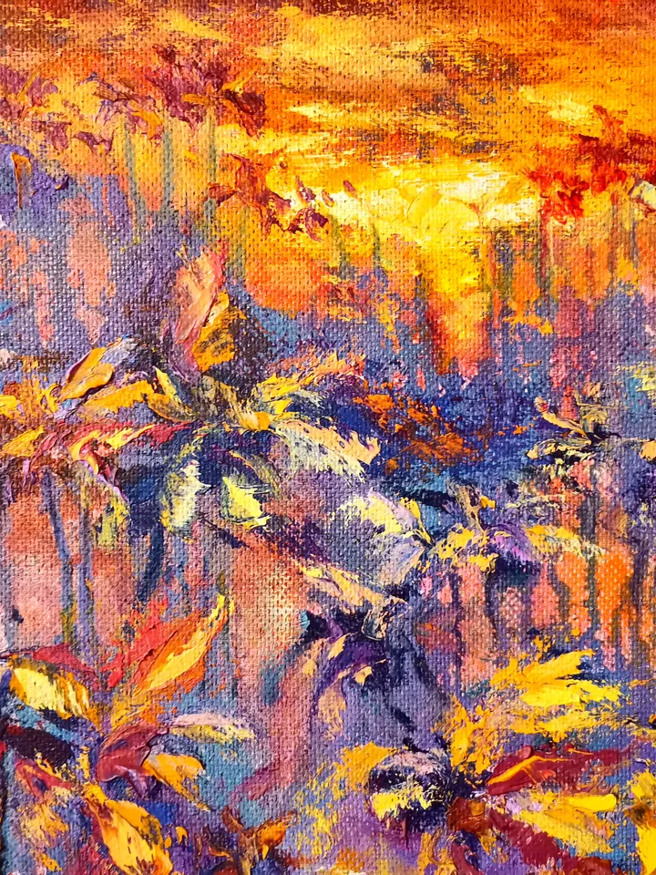 Sunset Oil Painting Original Art Palm Trees Pond Tropics Artist Svinar Oksana