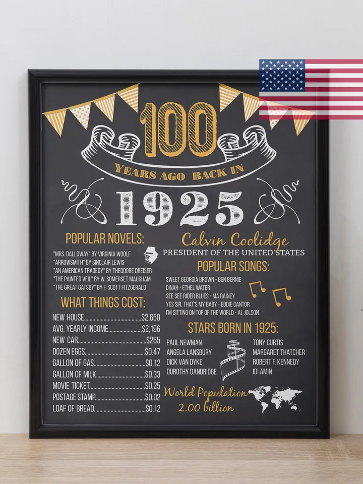 100th birthday poster gold 1925 birthday board born in 1925 back in 1925 vintage printable golden decoration digital download gift idea