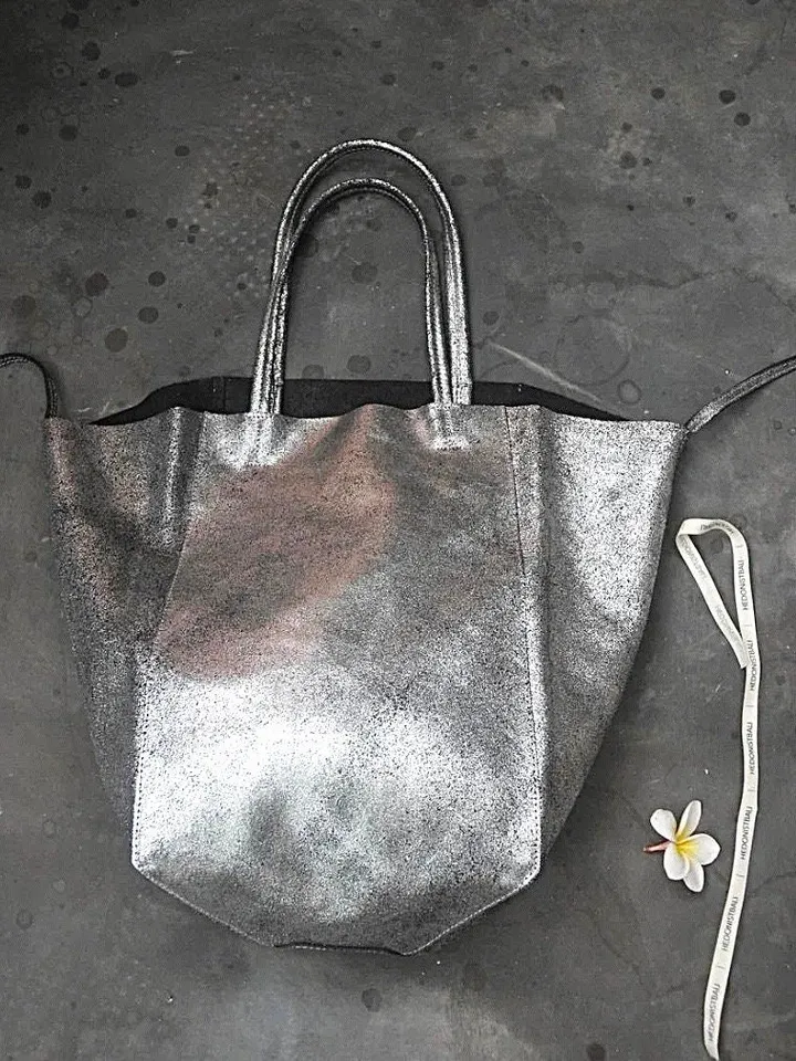 Genuine leather silver tote shopper big bag / everyday purse / handmade bags / designer bags / summer bag / gift for her