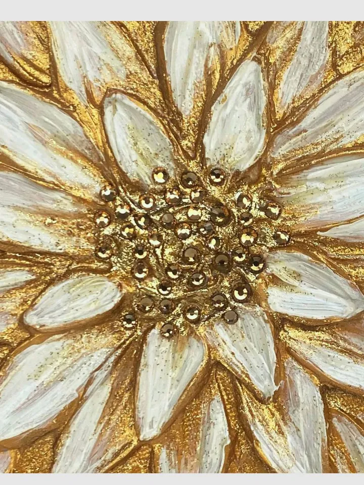 Golden Daisy art Floral Abstract Original Painting Textured artwork on a round canvas | Gold Flower wall art with gold crystals