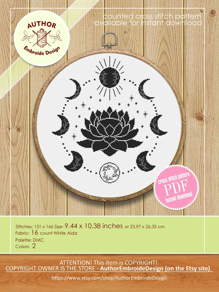Mystical moon phase cross stitch pattern download PDF Lotus flower cross stitch chart, Floral moon cross stitch, Moon phase decor #L56