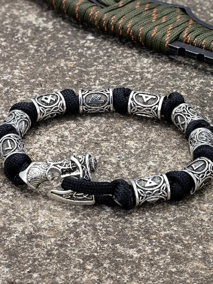 Handmade paracord and stainless steel bracelet with Viking runes