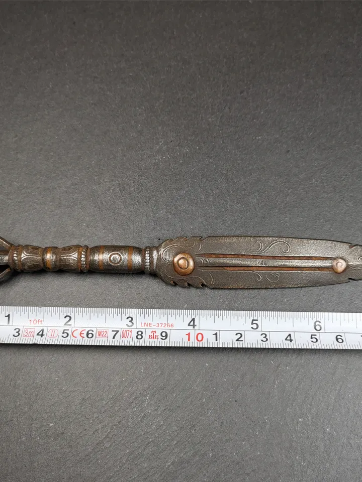 Gandhanra Tibetan Buddhism Ritual Implement,Fire Vajra Sword of Wisdom Buddha Manjushri,Made of Cold Iron inlaid Copper,7.5" Length
