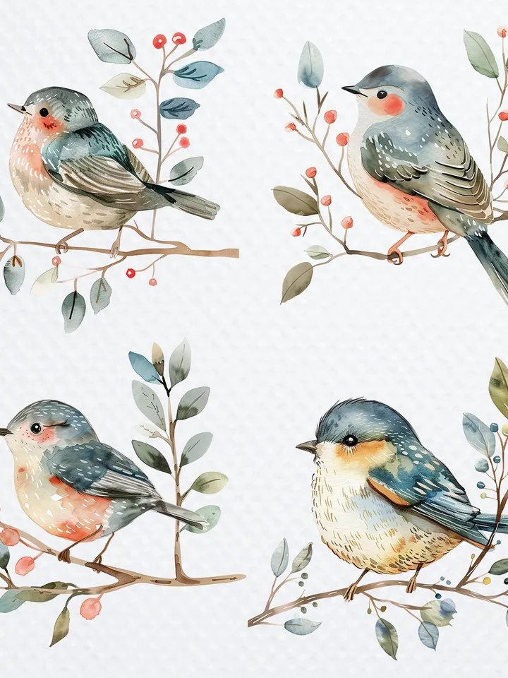 24 Scandinavian Birds PNG Bundle, Watercolor Floral Birds for sublimation, Printable vintage birds clipart, Paper craft, junk journals