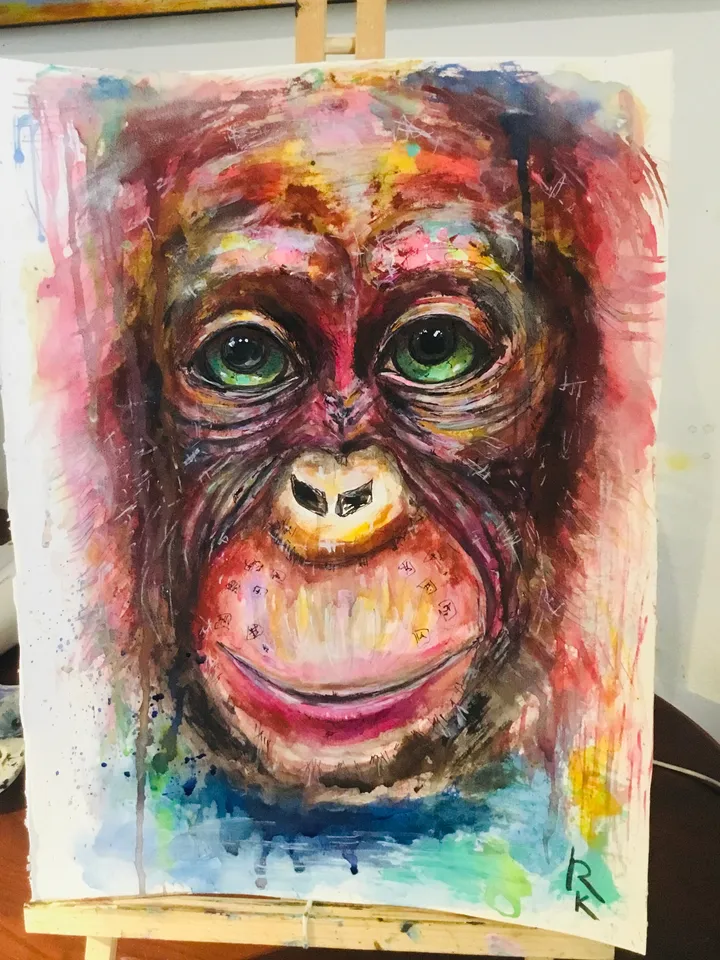 Funny Monkey original painting,watercolour mix media fantasy painting ,chimpanzee painting,animals original artwork,monkey wall art