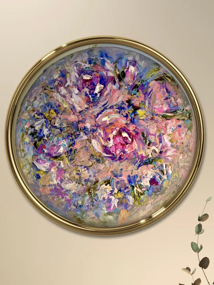 Abstract roses painting on round canvas, roses painting on canvas, impasto style impressionistic painting, unique handmade gift.